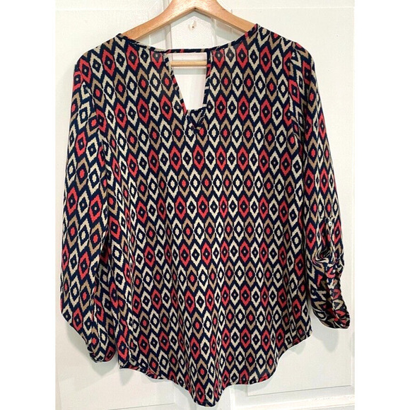 Papermoon Women's Blouse red beige Geometric Print Multicolor long Sleeve Size M - Picture 4 of 5